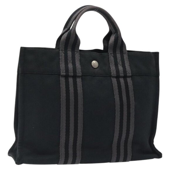 HERMES Fourre Tout PM Hand Bag Canvas Black Gray Silver Auth bs25218 - Picture 1 of 16